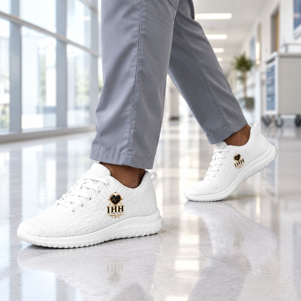 Chaussures athlétiques homme IhhErgoMedStyle blanc et noir portées dans un corridor de clinique