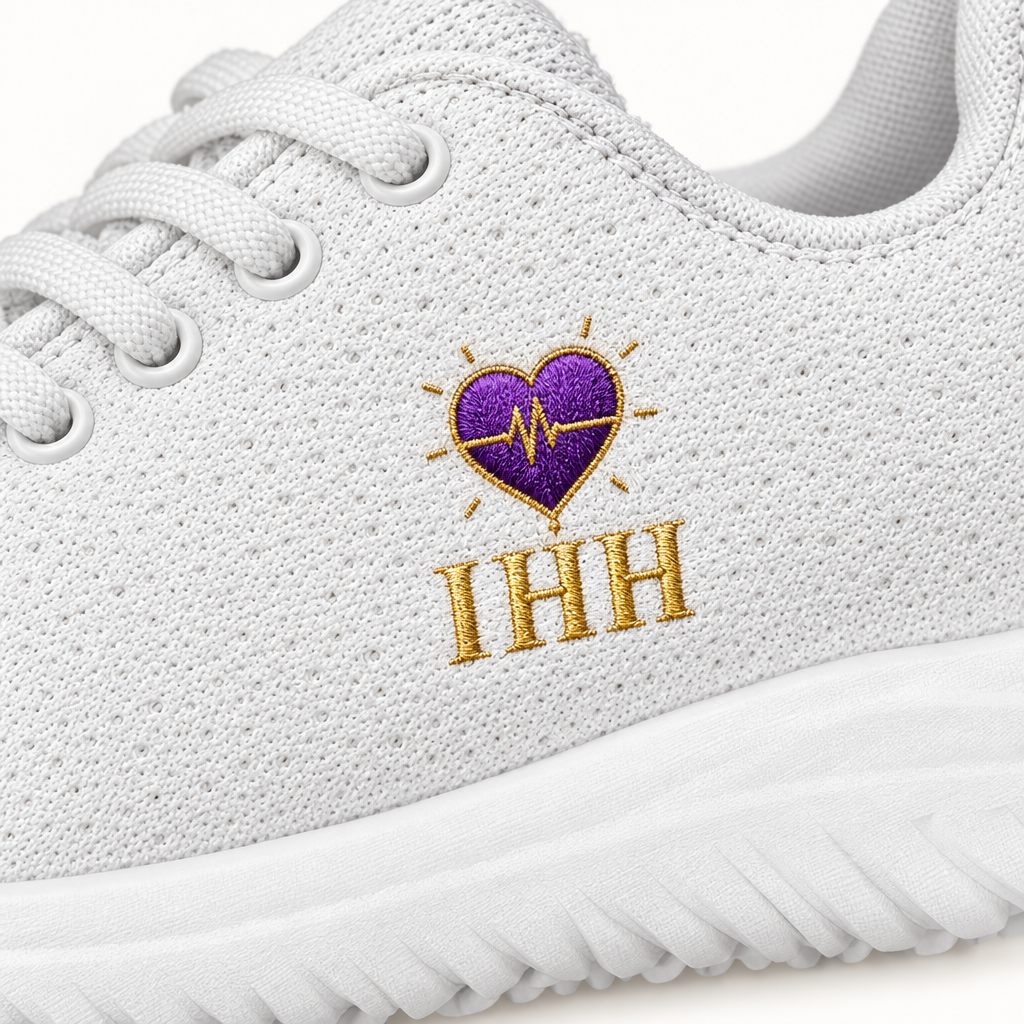 Gros plan du logo violet et doré, du tissu respirant et des coutures de la chaussure femme IhhErgoMedStyle