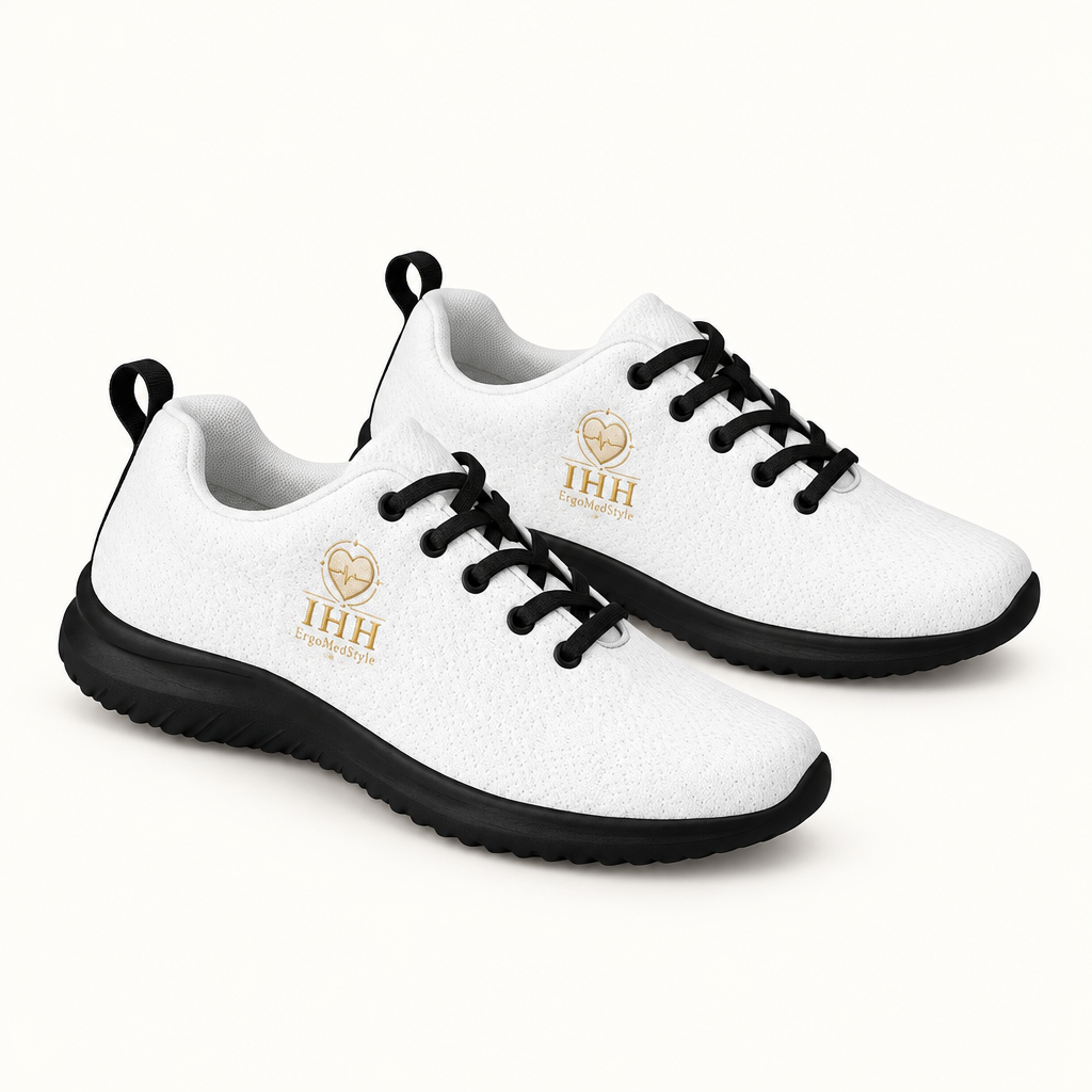 Chaussures athlétiques blanches et dorées présentées séparément pour le Pack Clinique Premium IhhErgoMedStyle
