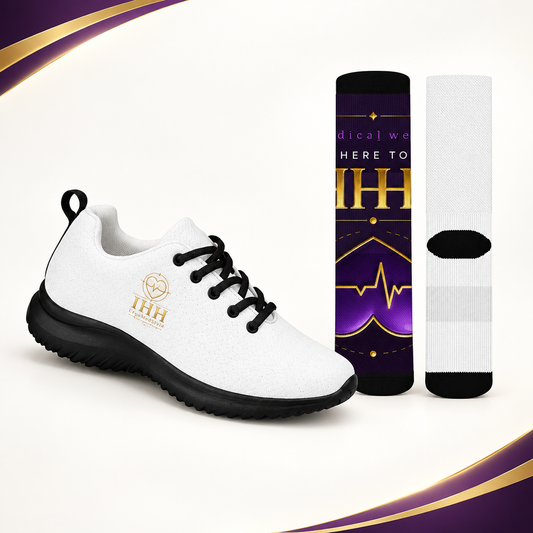 Chaussure athlétique blanche et dorée et chaussette Crew du Pack Femme Confort IhhErgoMedStyle