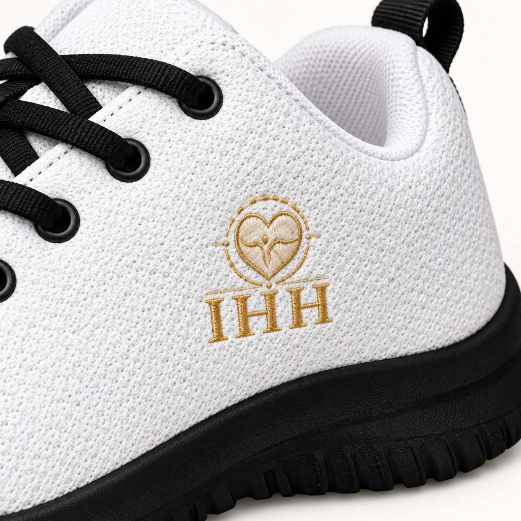 Gros plan du logo doré, du tissu blanc et des coutures de la chaussure homme IhhErgoMedStyle