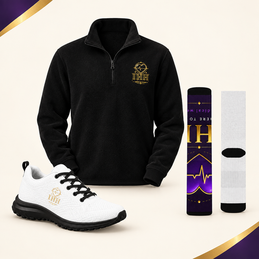 Chaussures blanches et dorées, chaussettes Crew et polaire noire incluses dans le Pack Clinique Premium IhhErgoMedStyle