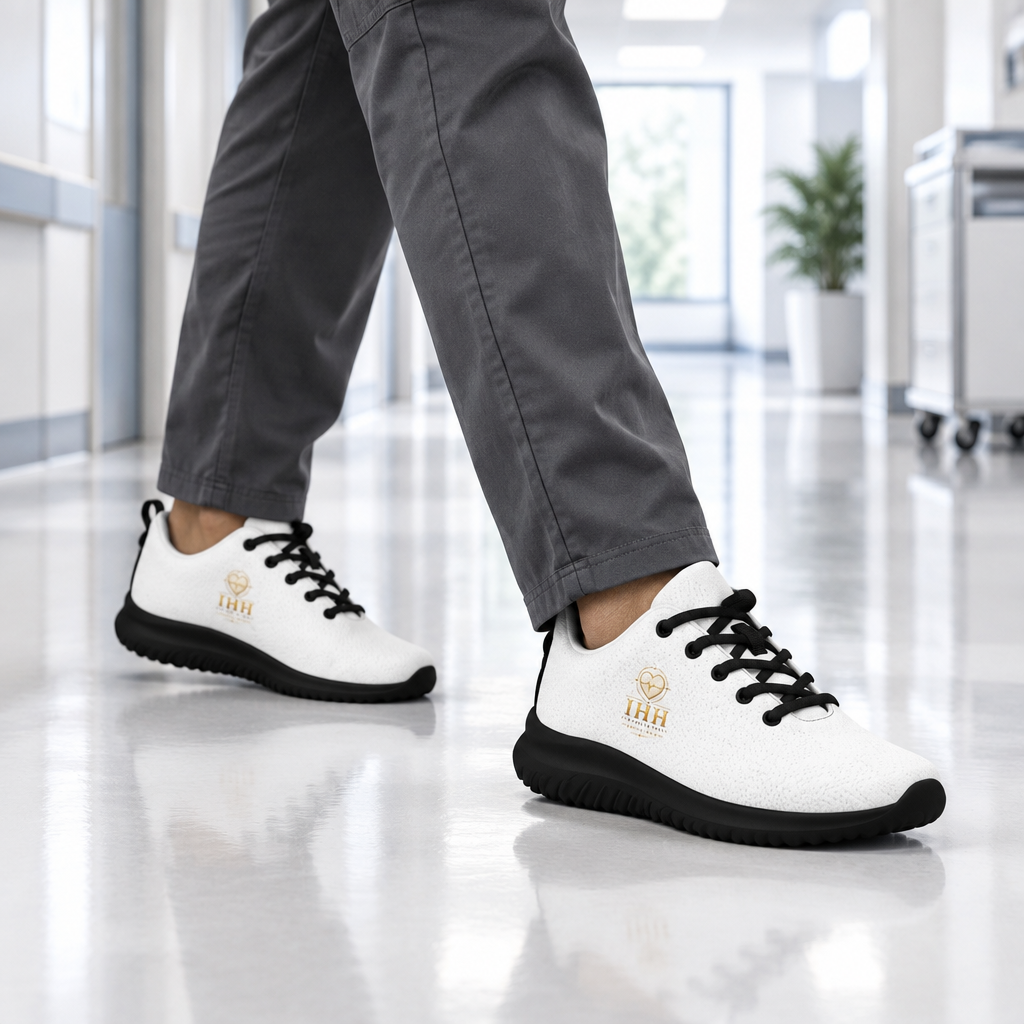Chaussures athlétiques homme IhhErgoMedStyle blanc et or portées dans un corridor de clinique