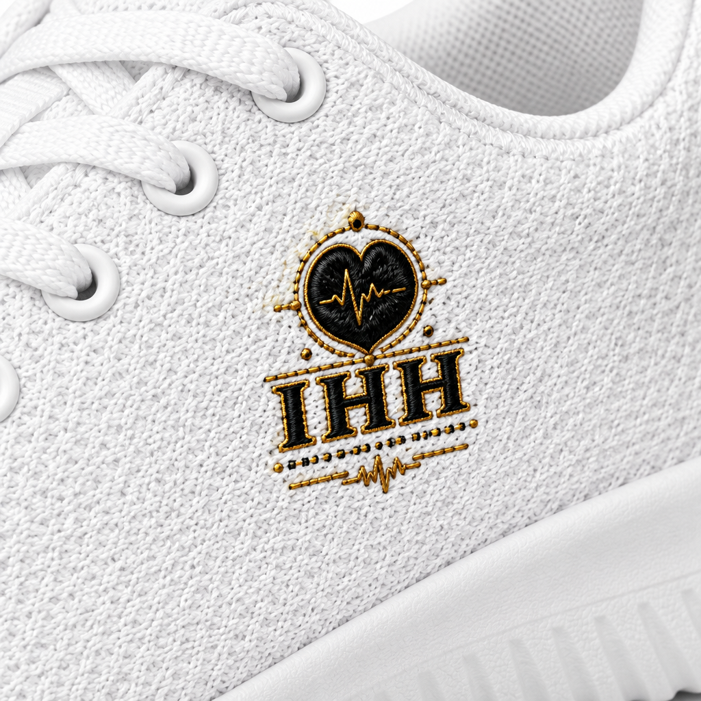 Gros plan du logo noir et doré, du tissu blanc et des coutures de la chaussure homme IhhErgoMedStyle